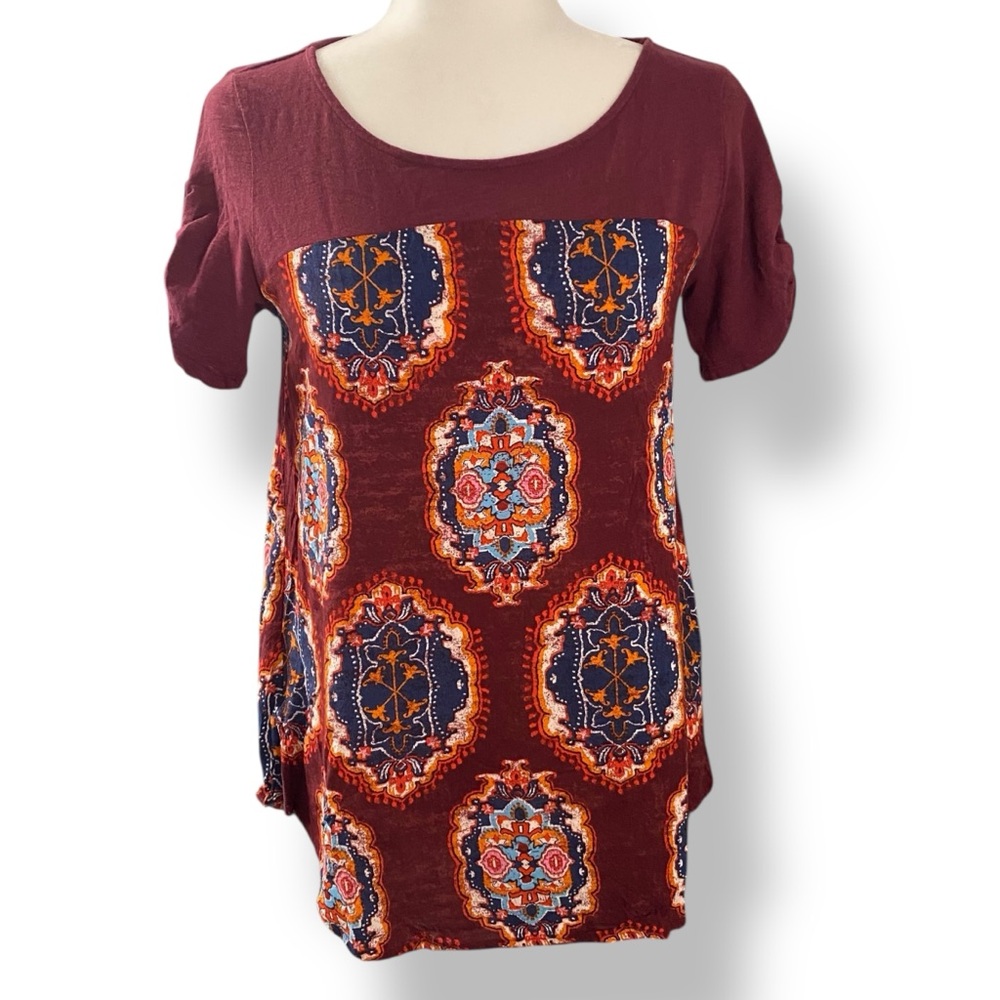Anthropologie Meadow Rue Boho Print Top Roll Tab Sleeve Burgundy Navy SP